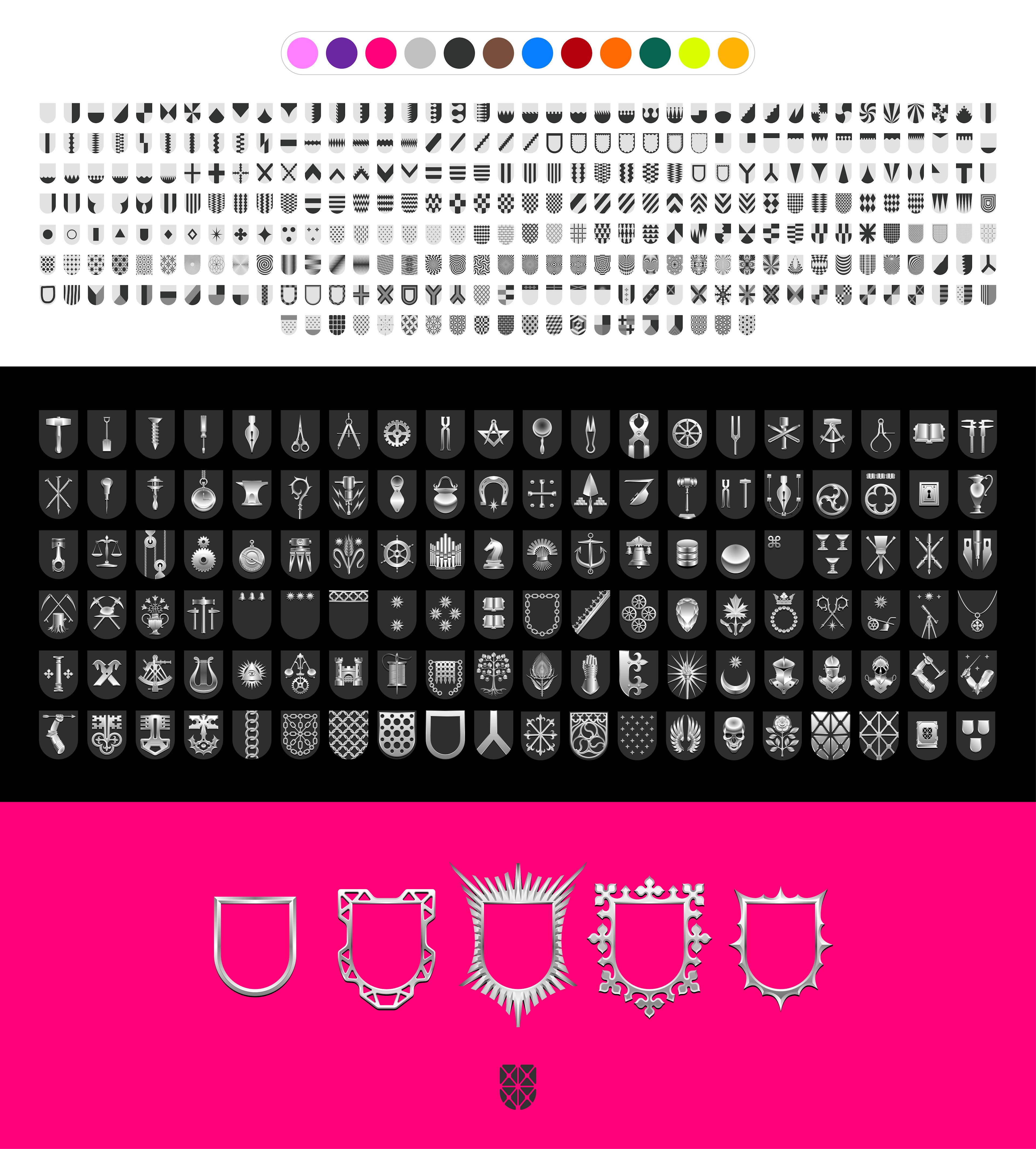Elements from the Shields design system, consisting of Fields, Colors, Hardware, and Frames.